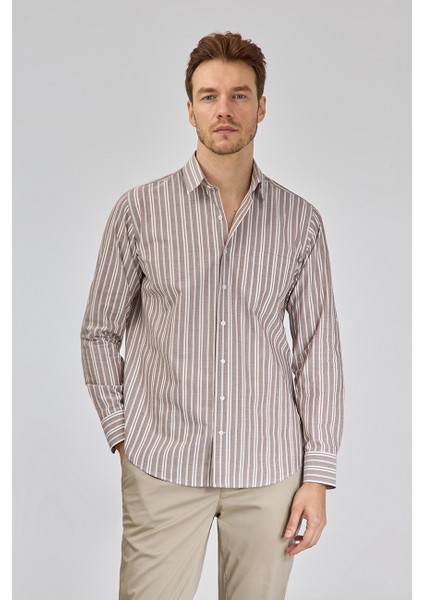 Regular Fit Spor Yaka Çizgili Açık Kahve Pamuk Erkek Gömlek GMCZG3SP224005_10