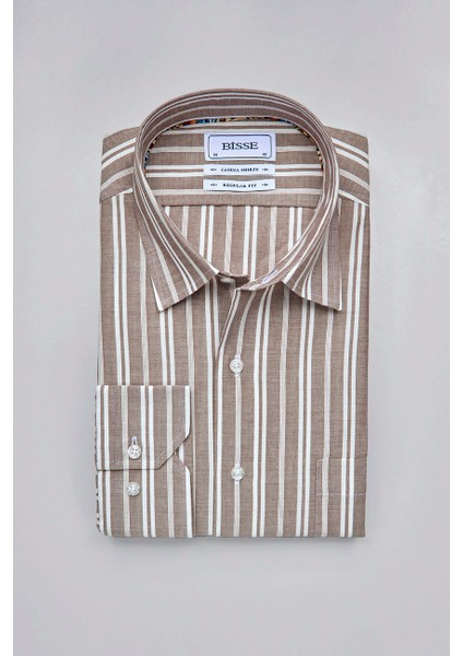 Regular Fit Spor Yaka Çizgili Açık Kahve Pamuk Erkek Gömlek GMCZG3SP224005_10 modelleri