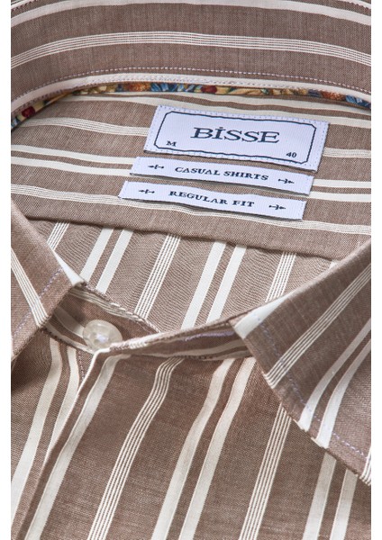 Regular Fit Spor Yaka Çizgili Açık Kahve Pamuk Erkek Gömlek GMCZG3SP224005_10 fırsatları