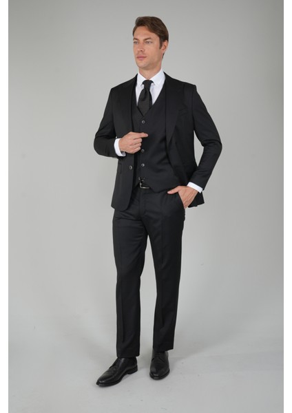 Gri Kırlangıç Yaka Çift Yırtmaçlı 6 Drop Yün Takım Elbise PTK24K24211_D99