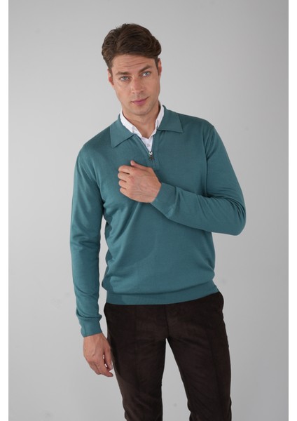 Polo Yaka Fermuar Detaylı Mint Erkek Yün Triko TR23KNOS23211_D50