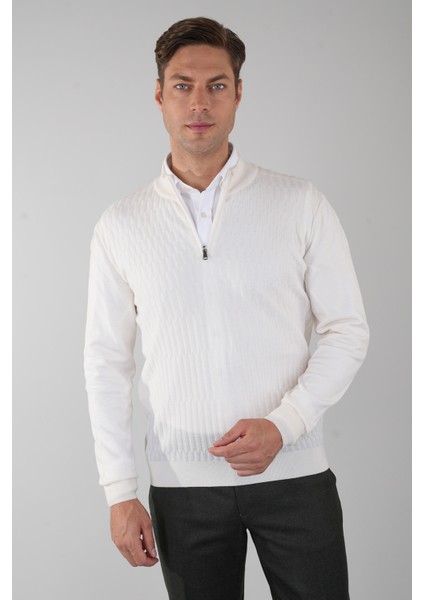 Beyaz Yarım Balıkçı Fermuarlı Full Jakar Yün Erkek Triko TR23K23202_D01