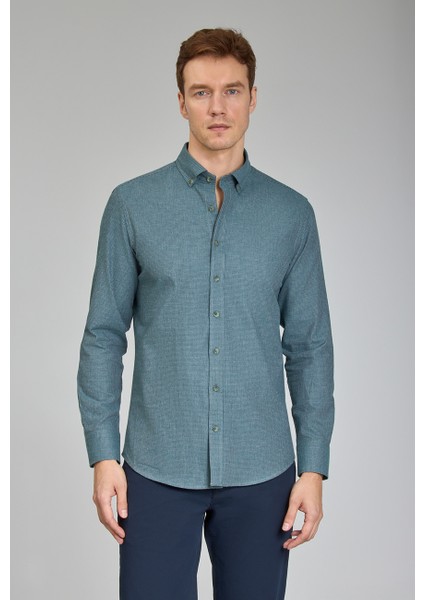 Modern Fit Paşa Yaka Yeşil Spor Erkek Gömlek GMFLN0222302221_D47