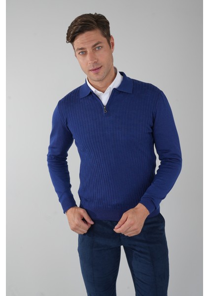Indigo Polo Yaka Fermuarlı Ön Jakar Yün Erkek Triko TR23K23204_D66