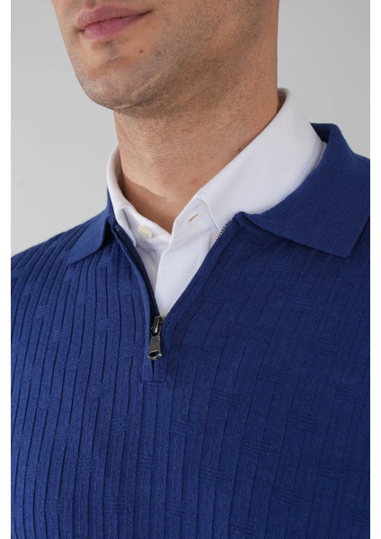 Indigo Polo Yaka Fermuarlı Ön Jakar Yün Erkek Triko TR23K23204_D66 modelleri