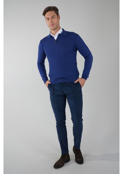 Indigo Polo Yaka Fermuarlı Ön Jakar Yün Erkek Triko TR23K23204_D66 indirimleri