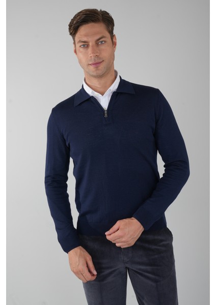 Polo Yaka Fermuar Detaylı Lacivert Erkek Yün Triko TR23KNOS23211_D39