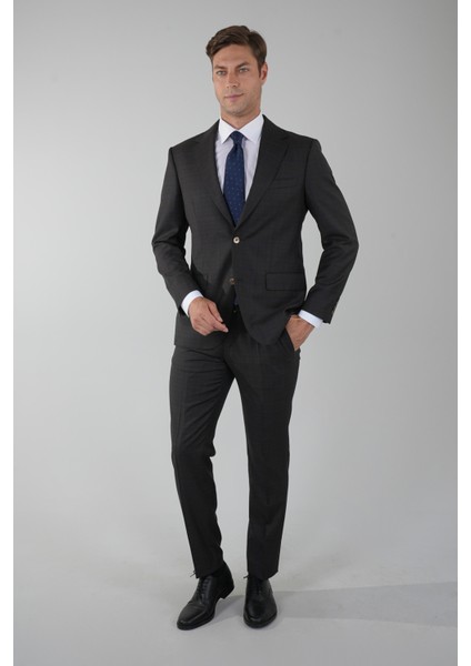 Kahve Comfort Fit Kruvaze Yaka Sedef Düğmeli 6 Drop Yün Takım Elbise PTK25Y25005_D11