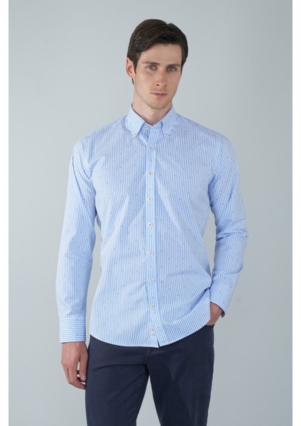 Regular Fit Uzun Kollu Mavi Pamuk Erkek Gömlek GMCZG250095_D35