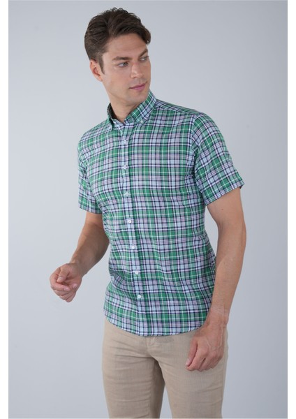 Regular Fit Paşa Yaka Yeşil Desenli Pamuk Keten Erkek Gömlek GMKTN3PS224006_D47
