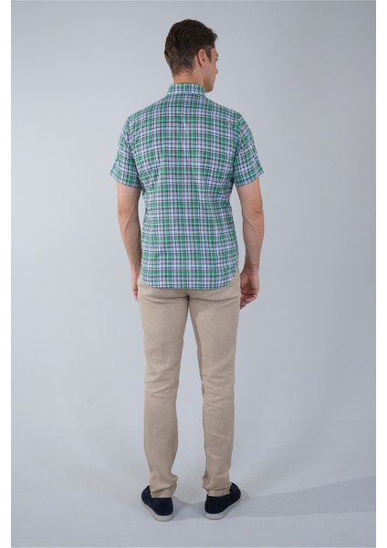 Regular Fit Paşa Yaka Yeşil Desenli Pamuk Keten Erkek Gömlek GMKTN3PS224006_D47 fiyatları