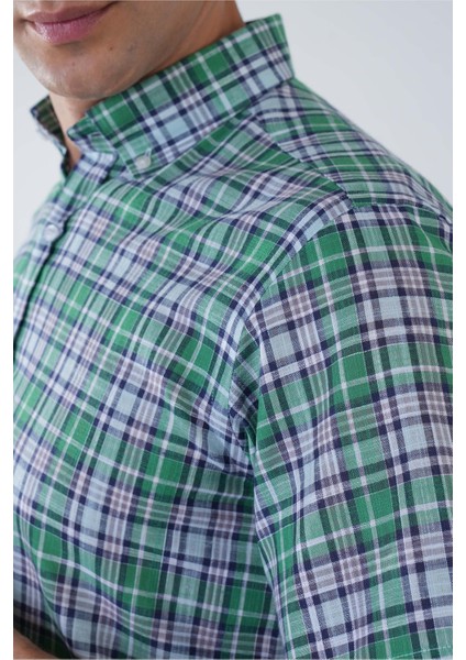 Regular Fit Paşa Yaka Yeşil Desenli Pamuk Keten Erkek Gömlek GMKTN3PS224006_D47 fırsatları