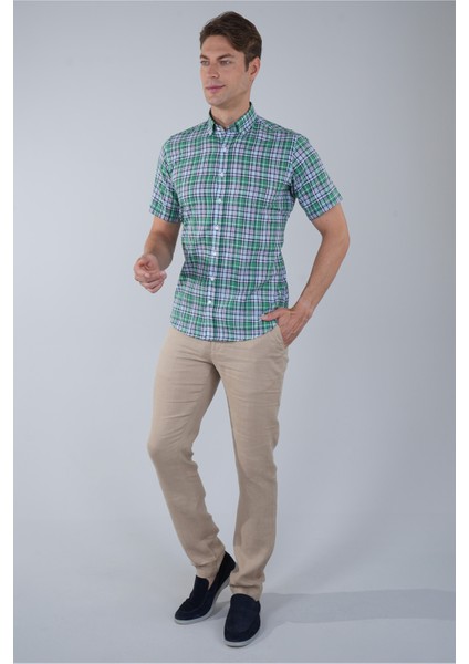Regular Fit Paşa Yaka Yeşil Desenli Pamuk Keten Erkek Gömlek GMKTN3PS224006_D47 indirimleri