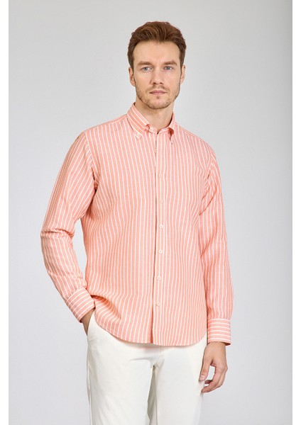 Regular Fit Uzun Kollu Turuncu Pamuk Keten Erkek Gömlek GMKTN250002_D64