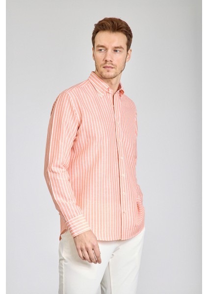 Regular Fit Uzun Kollu Turuncu Pamuk Keten Erkek Gömlek GMKTN250002_D64 modelleri