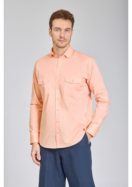 Regular Fit Yaka Düğmeli Oranj Pamuk Erkek Gömlek GMOKA1224003_D22