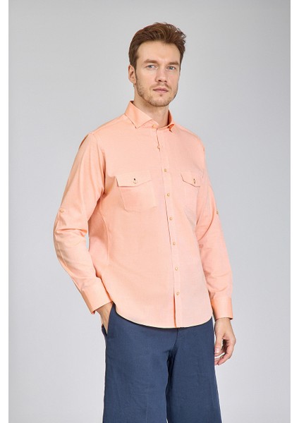 Regular Fit Yaka Düğmeli Oranj Pamuk Erkek Gömlek GMOKA1224003_D22 indirimleri