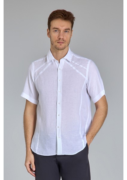 Regular Fit Birit Yaka Beyaz Keten Erkek Gömlek GMKTNA1224013_D01