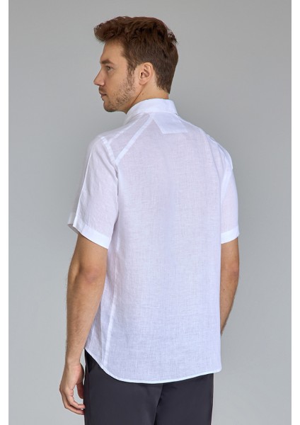 Regular Fit Birit Yaka Beyaz Keten Erkek Gömlek GMKTNA1224013_D01 fiyatları