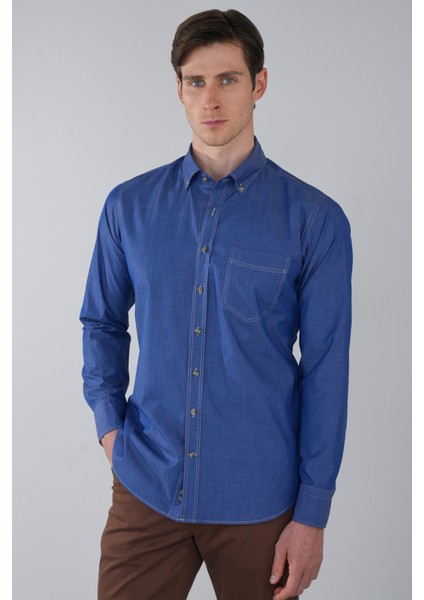 Erkek Mavi Regular Fit Paşa Yaka Tek Cep Gömlek GMARS250007_D35