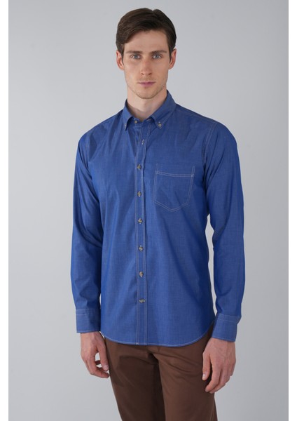 Erkek Mavi Regular Fit Paşa Yaka Tek Cep Gömlek GMARS250007_D35 fırsatları