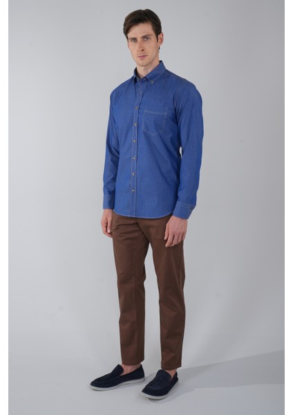 Erkek Mavi Regular Fit Paşa Yaka Tek Cep Gömlek GMARS250007_D35 indirimleri
