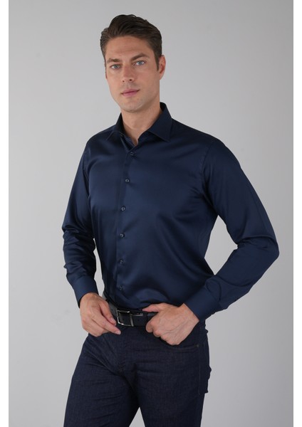Lacivert Uzun Kol Klasik Yaka Cepsiz Saten Erkek Gömlek GMKLS250016_D39