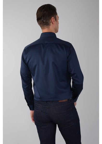 Lacivert Uzun Kol Klasik Yaka Cepsiz Saten Erkek Gömlek GMKLS250016_D39 fiyatları