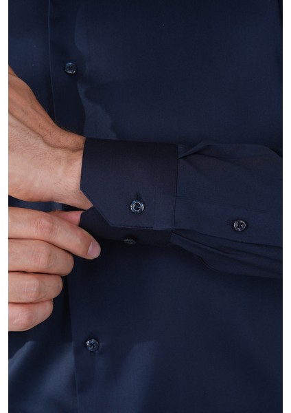Lacivert Uzun Kol Klasik Yaka Cepsiz Saten Erkek Gömlek GMKLS250016_D39 fırsatları