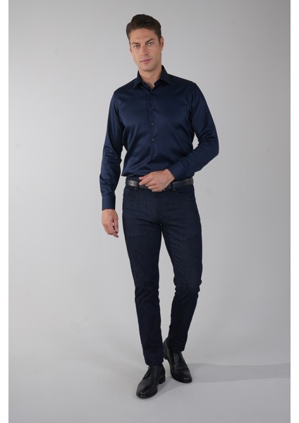 Lacivert Uzun Kol Klasik Yaka Cepsiz Saten Erkek Gömlek GMKLS250016_D39 indirimleri