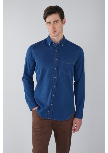 Erkek Lacivert Uzun Kol Paşa Yaka Tek Cep Gömlek GMARS250008_D39