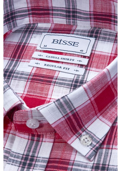 Regular Fit Paşa Yaka Kırmızı Desenli Pamuk Keten Erkek Gömlek GMKTN3PS224005_D24 fırsatları