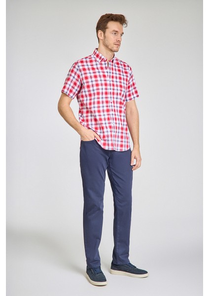 Regular Fit Paşa Yaka Kırmızı Desenli Pamuk Keten Erkek Gömlek GMKTN3PS224005_D24 indirimleri