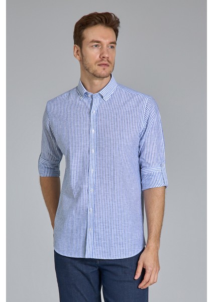 Regular Fit Paşa Yaka Lacivert Pamuk Keten Erkek Gömlek GMKTN3PS224018_D39
