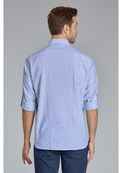 Regular Fit Paşa Yaka Lacivert Pamuk Keten Erkek Gömlek GMKTN3PS224018_D39 modelleri