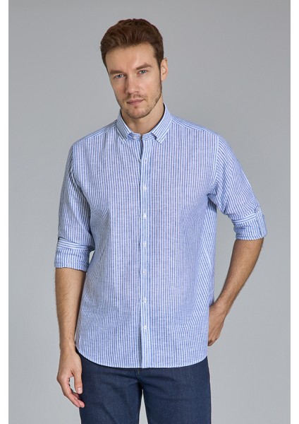 Regular Fit Paşa Yaka Lacivert Pamuk Keten Erkek Gömlek GMKTN3PS224018_D39 fırsatları