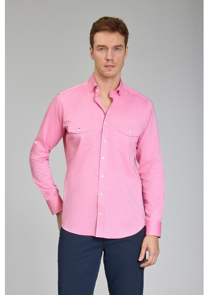 Regular Fit Yaka Düğmeli Pembe Pamuk Erkek Gömlek GMOKA1224003_D29