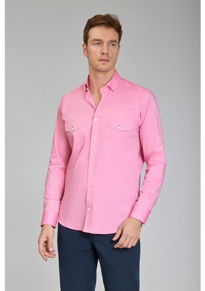 Regular Fit Yaka Düğmeli Pembe Pamuk Erkek Gömlek GMOKA1224003_D29 indirimleri