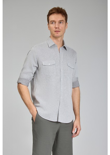 Regular Fit Spor Yaka Gri Pamuk Keten Erkek Gömlek GMKTN3SP224007_D55