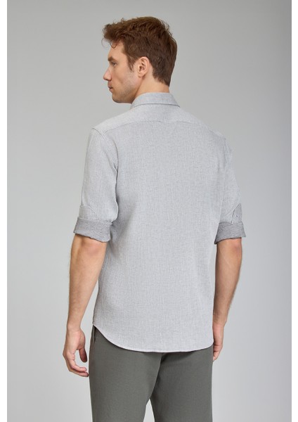 Regular Fit Spor Yaka Gri Pamuk Keten Erkek Gömlek GMKTN3SP224007_D55 indirimleri