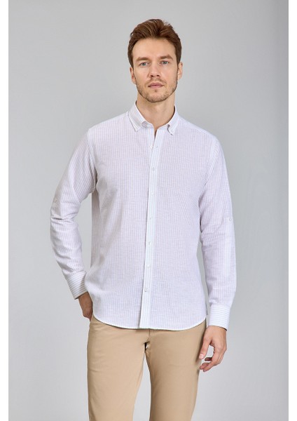 Regular Fit Paşa Yaka Bej Pamuk Keten Erkek Gömlek GMKTN3PS224018_D07
