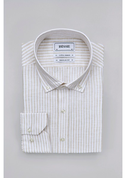 Regular Fit Paşa Yaka Bej Pamuk Keten Erkek Gömlek GMKTN3PS224018_D07 modelleri