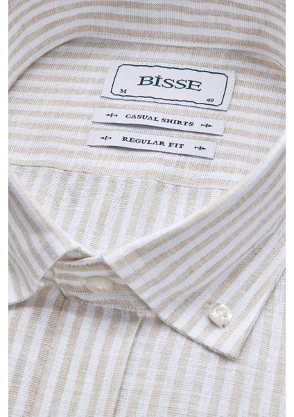 Regular Fit Paşa Yaka Bej Pamuk Keten Erkek Gömlek GMKTN3PS224018_D07 fırsatları