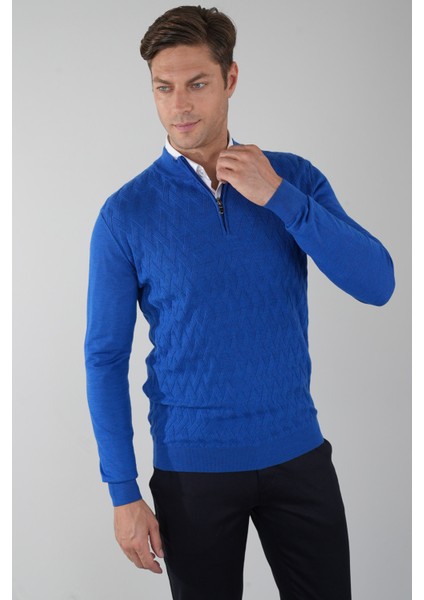 Erkek Yarım Balıkçı Yaka Fermuar Detaylı Jakarlı Triko Sax TR23K23208_D37