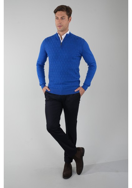 Erkek Yarım Balıkçı Yaka Fermuar Detaylı Jakarlı Triko Sax TR23K23208_D37 indirimleri