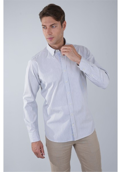 Uzun Kol Paşa Yaka Cepsiz Gri Pamuk Erkek Gömlek GMCZG250013_D55
