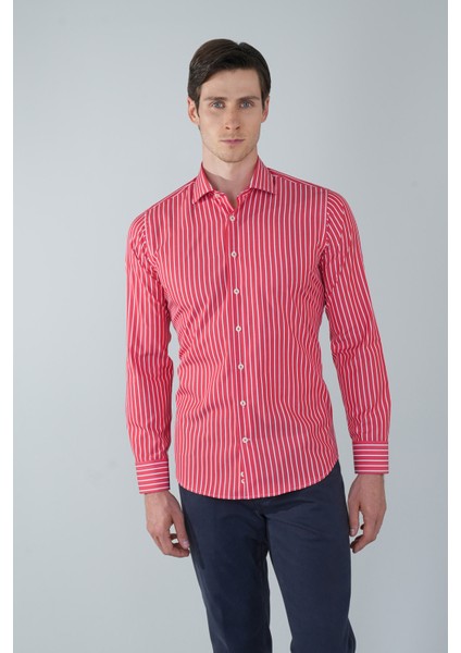 Uzun Kol İtalyan Yaka Cepsiz Kırmızı Pamuk Erkek Gömlek GMCZG250033_D24