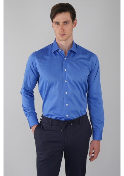 Regular Fit Cepsiz Pamuk Mavi Erkek Gömlek GMKLS250053_35