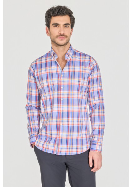 Regular Fit Paşa Yaka Cepsiz Mavi Pamuk Erkek Gömlek GMCZG250015_D35
