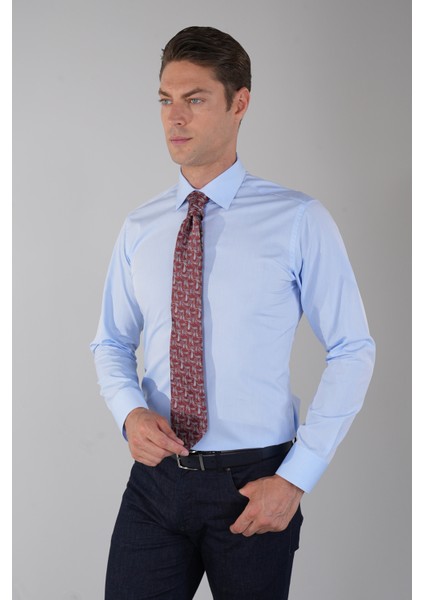 Mavi Uzun Kol Klasik Yaka Cepsiz Basic Erkek Gömlek GMKLS250007_D35